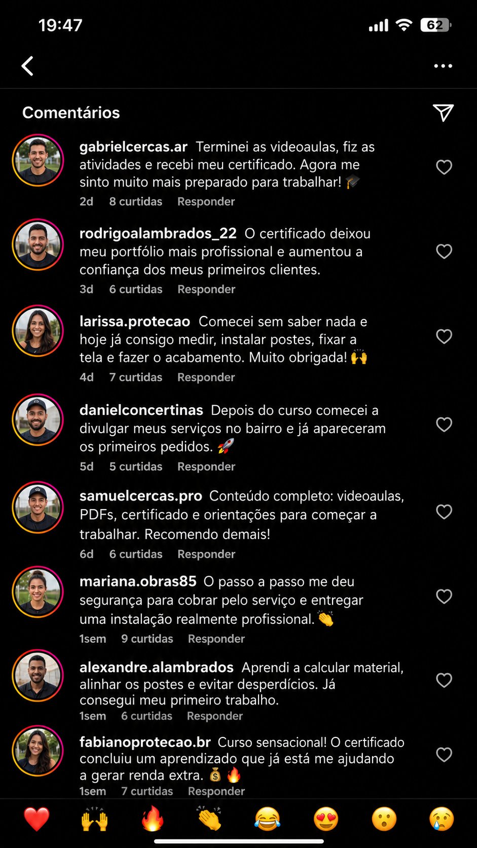 Print de conversa de aluno elogiando o curso de instalação de cercas e alambrados